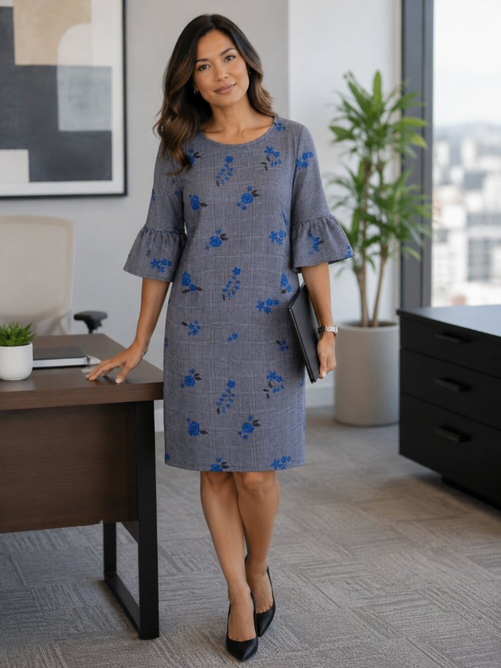 Dip Women's A-Line Sheath Dress Size XL Gray Blue Floral Print Scuba Knit Office